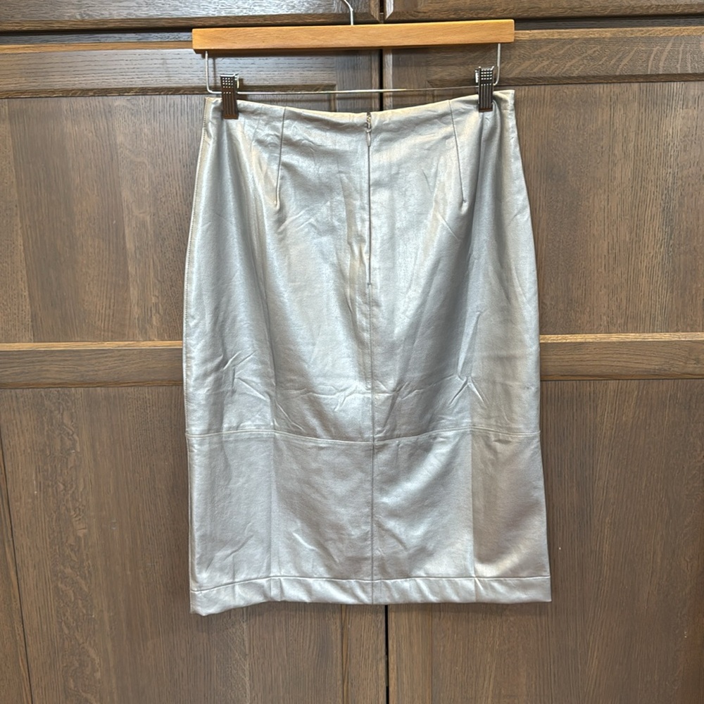 BOSTON PROPER- Metallic Faux Leather Front Slit Skirt Silver - Picture 8 of 13